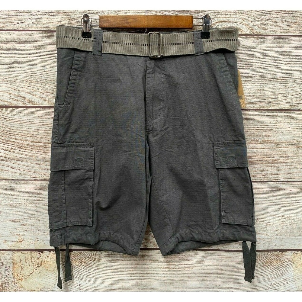 Burnside Shorts Mens Size 32 Charcoal Grey Belted Ripstop Cargo Shorts New